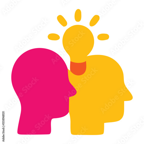 Knowledge sharing icon of two heads collaboratively illuminating a bright idea, suitable for promoting teamwork, innovation, and creativity concepts