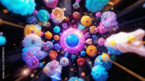Abstract digital animation of colorful organic elements with light beams and a central orb