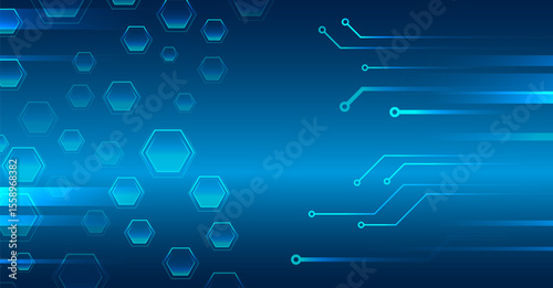 Abstract technological background consisting of hexagons, circuit board and glowing stripes on blue background. Suitable for high-tech presentations and banners. Geometric futuristic concept.