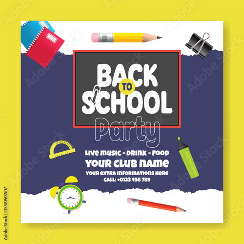 Back to school celebration party post, school admission banner, preschool, educational square flyer or poster, Back to school Sale discount offer post banner background with white blank space for text