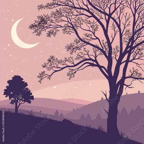 Tree silhouette landscape with sunrise and mountain