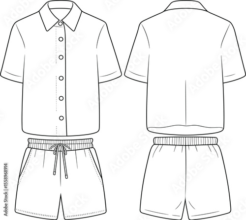 Stylish Women's Casual Resort Wear Outfit Flat Sketch: Relaxed Fit Short Sleeve Button-Up Shirt and Drawstring Elastic Waist Shorts Set, Front and Back View