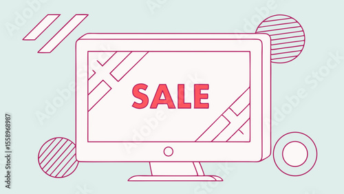 Computer monitor with a "Sale" tag, modern vector design for promotional offers