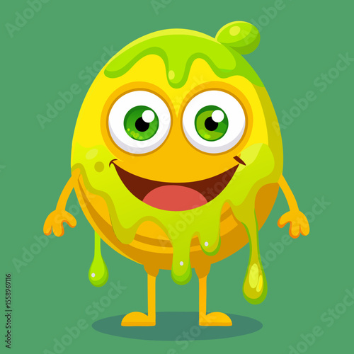 Happy Yellow Cartoon Monster with Dripping Green Goo