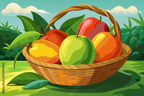 Assorted Fresh Fruits in a Wicker Basket Outdoors