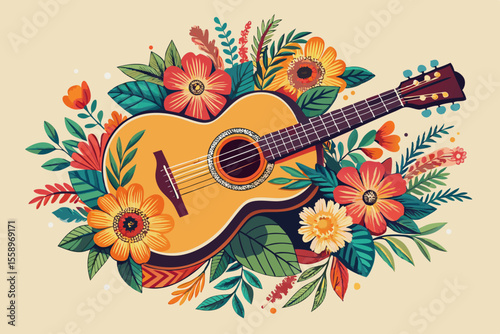 Vibrant Floral Design with Acoustic Guitar