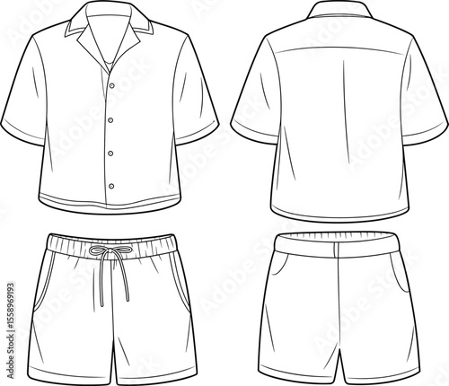 Stylish Summer Outfit Flat Lay: Casual Short Sleeve Camp Collar Shirt and Drawstring Waist Shorts Set for Warm Weather Fashion, Vector Illustration