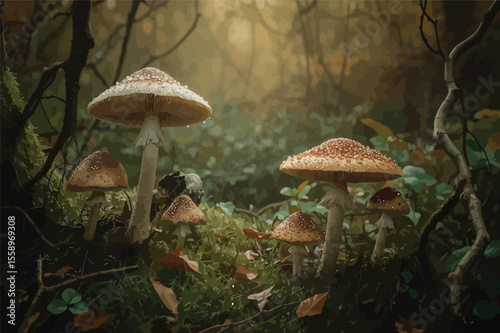 Enchanting mushrooms in a mystical forest scene