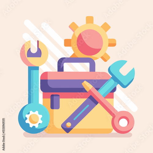 Toolbox with Wrenches Pencil and Gear for Repair Maintenance and Engineering