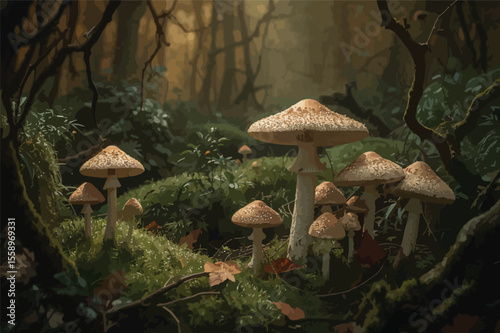Enchanting mushrooms cluster in mystical forest
