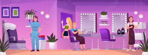 Beauty salon with manicurist, hairdresser, stylish service studio pink interior, vector nail and hairdressing salon