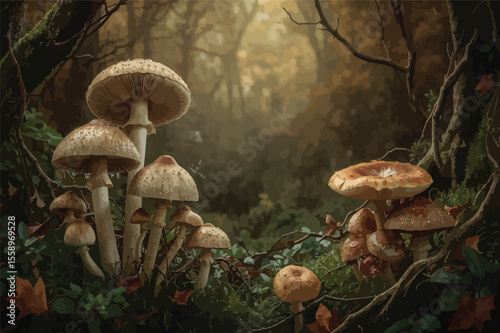Enchanting mushrooms growing in a mystical forest