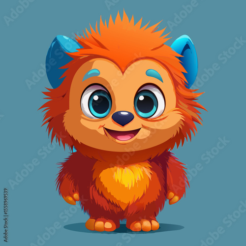 Cute Cartoon Creature with Orange Fur and Blue Ears