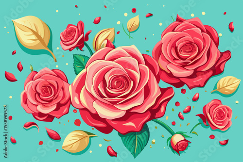 Vibrant Rose Bouquet Pattern on Teal Background