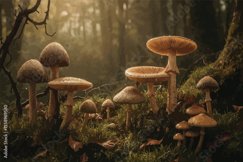 Enchanting mushrooms cluster in sunlit forest