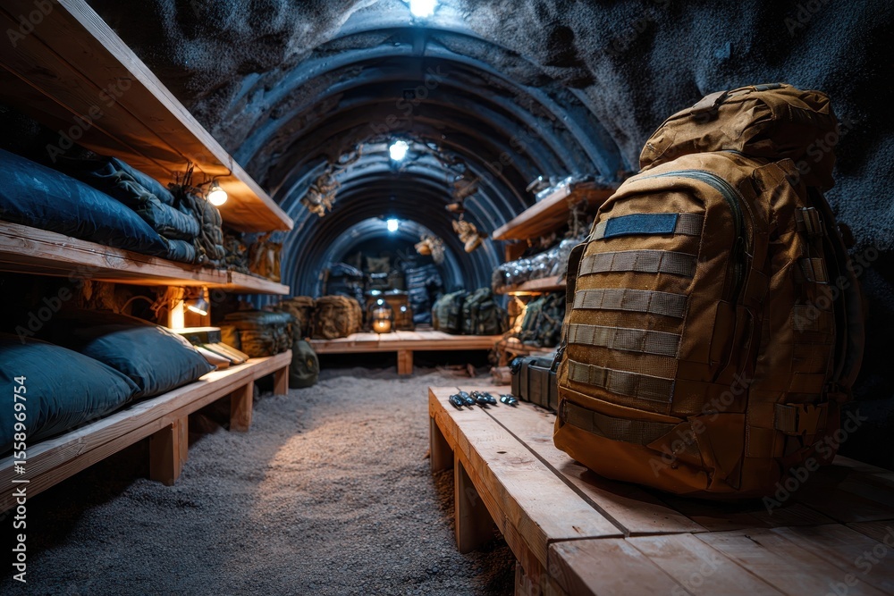 Fototapeta premium Military storage area features backpacks and supplies in an underground facility illuminated by warm lights