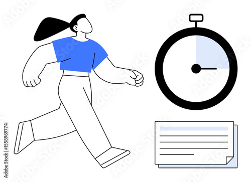 Woman walking confidently alongside a stopwatch and document, representing productivity, time management, goal setting, efficiency, personal growth, deadlines, and organization in a simple flat
