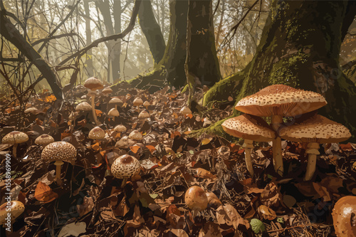Autumn mushrooms clustered in misty forest scene