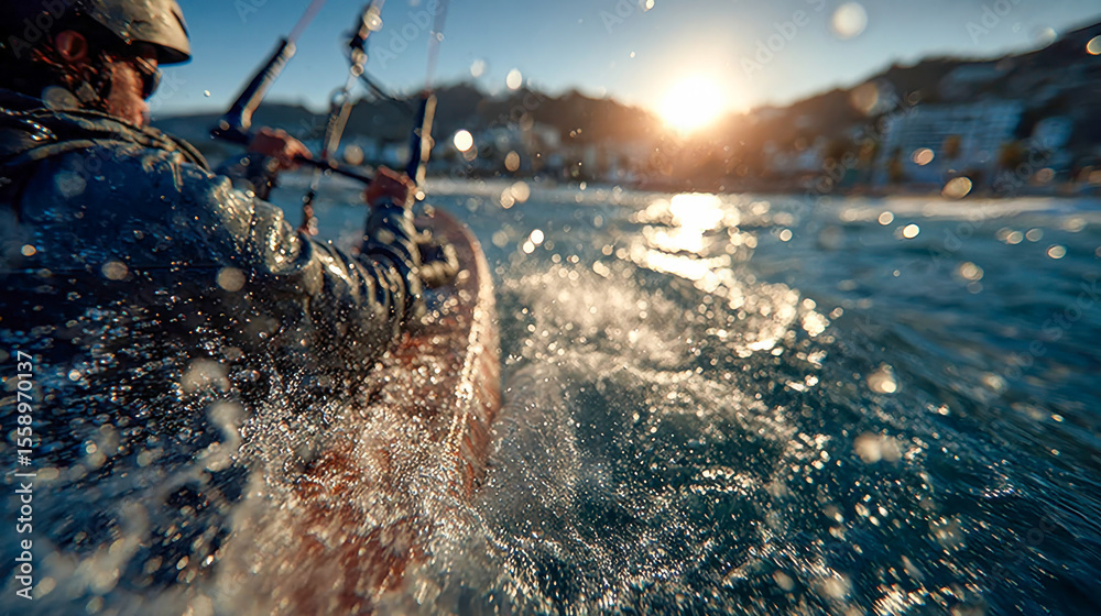 Fototapeta premium Action shot of a kitesurfer powering through the water, taken from a dynamic, low angle with intense sunlight and ocean spray