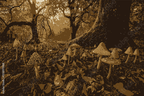 Enchanting autumn mushrooms under ancient forest trees