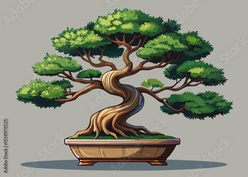 Vibrant Cartoon Bonsai Tree in Pot