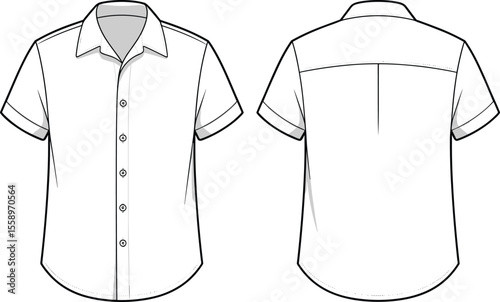 Men's Classic White Short Sleeve Button-Down Collared Shirt Front Back View Flat Sketch Fashion Technical Drawing Template Apparel Design, Vector Illustration