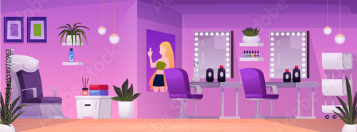 Beauty salon, stylish studio pink interior, fashion service, nail and hairdressing salon vector flat illustration