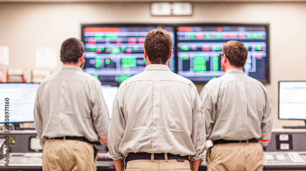 Obraz premium Three men in uniform monitor multiple large digital screens displaying data and charts in a control room environment.