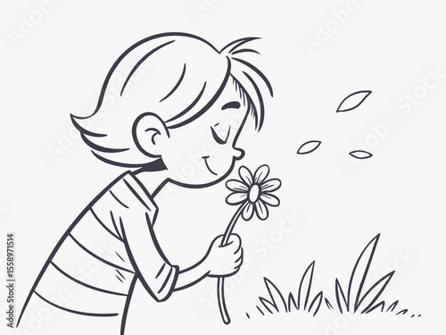 Joyful girl smelling a flower in a simple sketch style, happy childhood moment