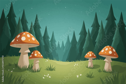Enchanting forest scene with colorful mushrooms
