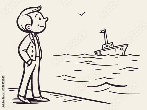 Thoughtful boy enjoying the ocean view with a boat in the background, sketch style