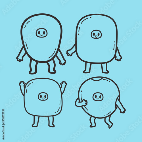 Playful Cartoon Characters in Various Poses on a Light Blue Background