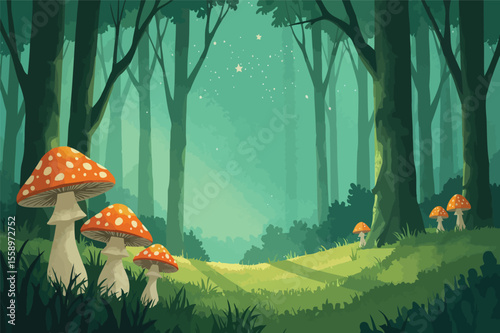 Enchanting mushrooms in a mystical forest at dawn