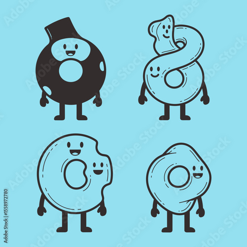 Playful Cartoon Characters of Doughnuts with Smiling Faces on a Light Blue Background