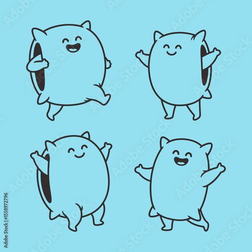 Playful Cartoon Characters with Round Shapes Dancing Joyfully on a Light Blue Background