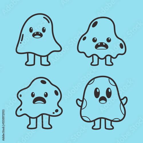Various Cartoon Characters Displaying Different Emotions in Playful Gestures on Blue Background