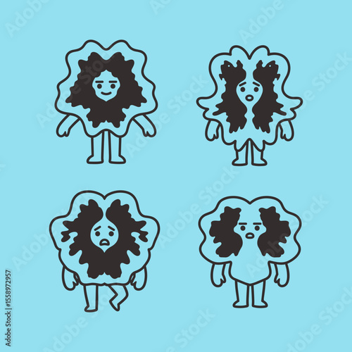 Set of Four Unique Cartoon Characters with Different Facial Expressions on a Light Blue Background