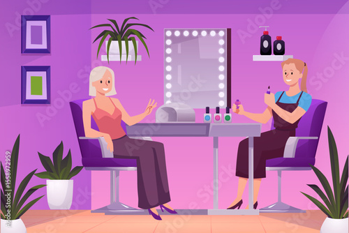 Manicurist working with client in Nail salon, stylists doing gel polish coating for woman, vector flat Beauty salon