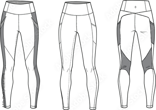 Technical leggings design, fashion vector illustration, front back side view, high waistband activewear, Adobe Stock apparel sketch, detailed outline