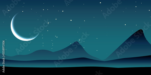 A night landscape with a new moon shining on a dark starry sky. Silhouettes of mountains and hills are visible in the foreground. The atmosphere is calm and mysterious.
