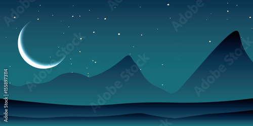 A night landscape with a new moon shining on a dark starry sky. Silhouettes of mountains and hills are visible in the foreground. The atmosphere is calm and mysterious.