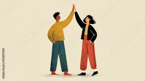 People enjoying a high five against a plain background in joyful celebration of achievement and friendship