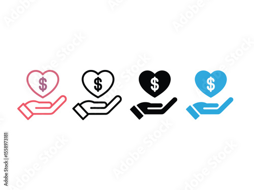 Heart with Dollar Sign Held in Hand Icons holding giving