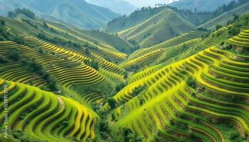 Green terraced rice fields cascading down Sukabumi's hills, West Java, Indonesia, eco, crop