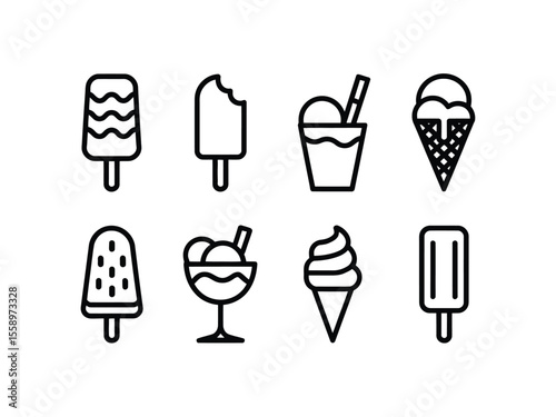 Ice Cream and Popsicle Icons in Black Outlines on White Background