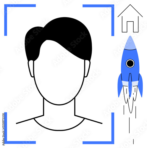 Minimalist human profile within focus brackets, blue rocket, and house outline. Ideal for personal growth, technology, innovation, success, vision achievement and aspiration concepts. Simple flat
