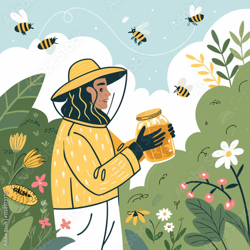 create vector bold stroke   a beekeeper with honey