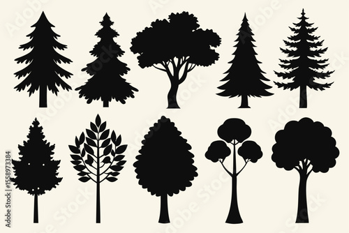 Collection of ten black silhouettes various trees