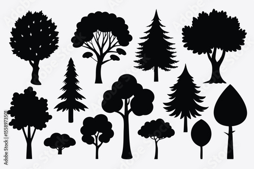 Collection of black silhouette trees various shapes and sizes
