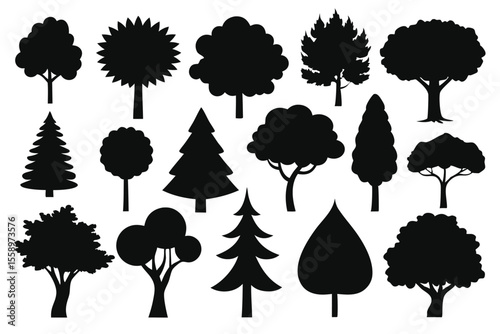 Collection of black silhouettes various tree types